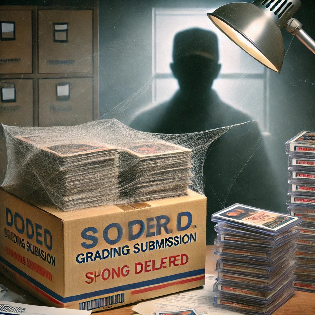 A stack of baseball cards sitting on a desk covered in cobwebs