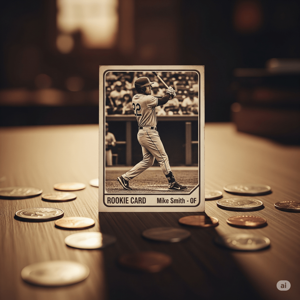 A close-up image of a vintage-style baseball rookie card, surrounded by scattered coins on a wooden surface.