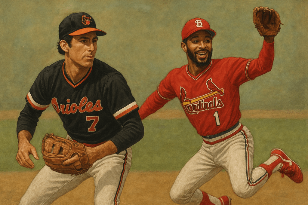 “Artistic rendering of Mark Belanger and Ozzie Smith in action—Belanger in Orioles black, poised with his glove; Smith in Cardinals red, mid-motion with a joyful expression—capturing the defensive mastery of two shortstops who won games without needing to hit.”