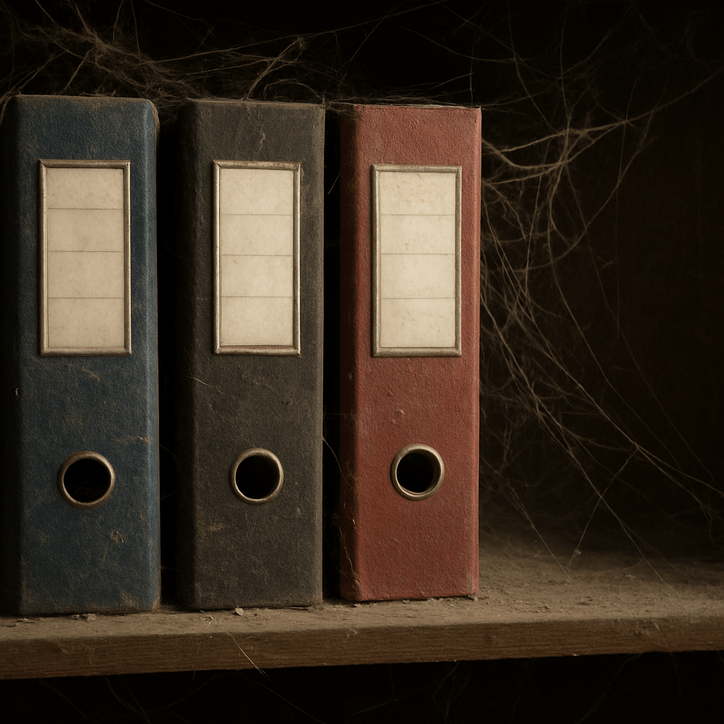 Dusty shelf with long-forgotten binders, cobwebs gathering around old collections left untouched.