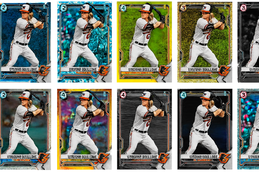 Ten baseball cards each featuring a different Topps/Bowman parallel finish—blue shimmer, cracked ice, green speckle, gold, black wave, silver foil, rainbow, orange lava, black & white raywave, and holographic swirl. All cards show the same pose and layout, highlighting how manufactured rarity fragments the chase into color-coded variants