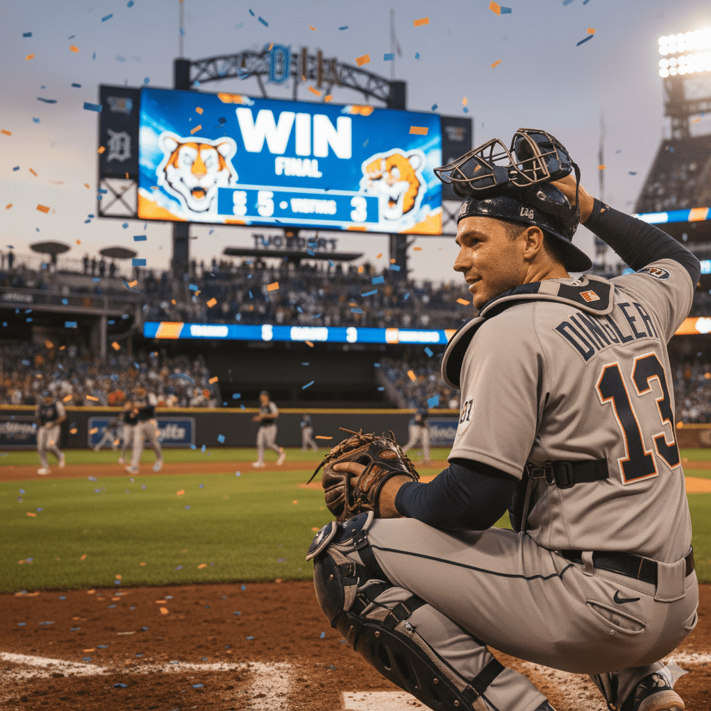 A baseball catcher for the Detroit Tigers, number 13, is crouched behind home plate looking over his shoulder. In the background, a large stadium scoreboard shows the word "WIN" and a final score of 5-3, with the Tigers logo on both sides of the screen. Blue and orange confetti is falling onto the field, and players are walking off the field in the distance. The sky is orange and pink at sunset.