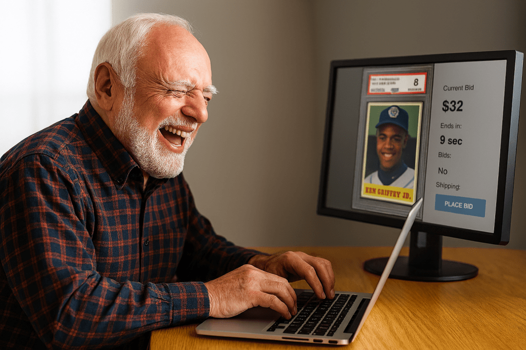 An elderly man in a plaid shirt laughs at his own joke while typing on a laptop, watching a live baseball card auction on a nearby monitor. The screen shows a Ken Griffey Jr. card listing with active bids and countdown timer. The room is softly lit with a relaxed, casual vibe.