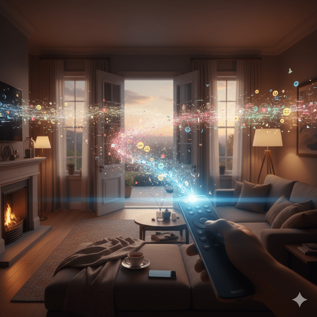 A cozy living room with an open door is being entered by a luminous stream of digital data and emojis. A hand in the foreground holds a remote control, which is actively projecting a light to block and manage the flow of this information, illustrating the concept of setting boundaries and curating one's digital input.