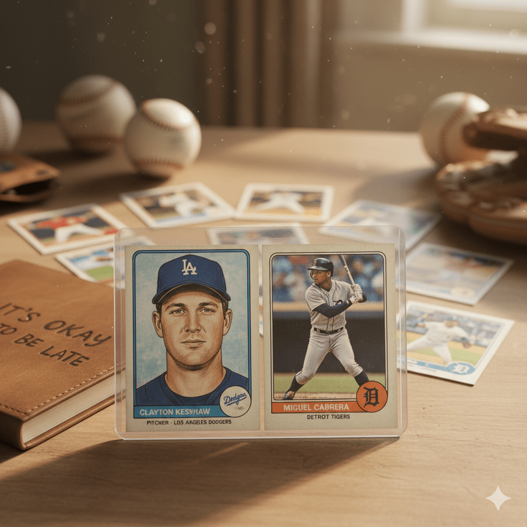 Create a featured image for a blog post titled "It’s Okay to Be Late" that captures the essence of collecting sports cards and the journey of following players like Kershaw and Miggy. The image should feature a vintage baseball card displayed prominently, with other cards in the background subtly depicting players in action. The lighting should be soft and warm, evoking nostalgia, while maintaining a modern and clean aesthetic. High resolution and highly detailed, with sharp focus on the main card, to illustrate the emotional connection to collecting.