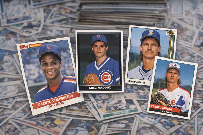 A group of iconic junk wax era baseball rookie cards, including Darryl Strawberry, Greg Maddux, and Randy Johnson, arranged on top of a background of late 1980s and early 1990s baseball cards.