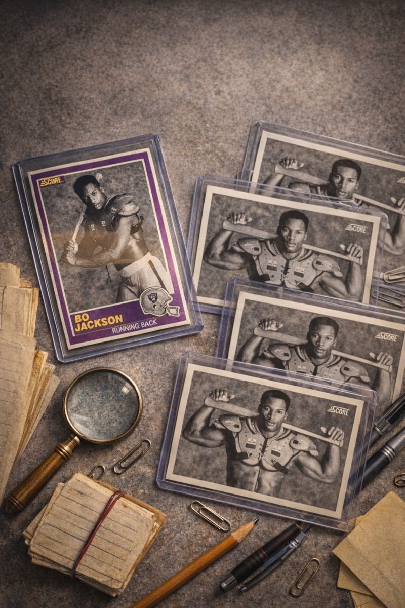 Vintage Bo Jackson football cards arranged on a tabletop, contrasting the scarce 1989 Score Supplemental card with multiple 1990 Score “Bat & Pads” cards, emphasizing repetition versus rarity in collecting.