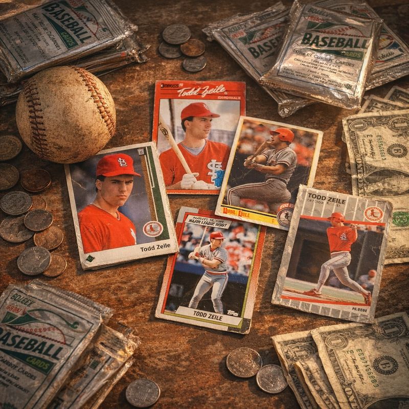 A moody still-life arrangement of vintage Todd Zeile baseball cards laid out on a worn surface with loose coins, a scuffed baseball, and unopened packs, emphasizing time, durability, and overlooked careers.