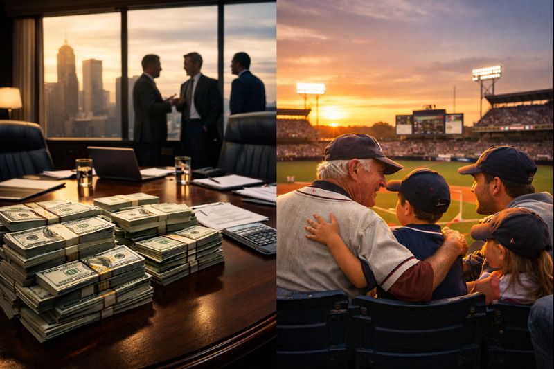 A split composition showing a modern corporate boardroom with money and documents contrasted against a baseball stadium at sunset.