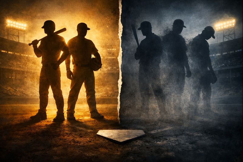 Artistic illustration showing five baseball player silhouettes in a stadium, with two figures highlighted in warm light on one side and three fading into shadow on the other, symbolizing the varying legitimacy of Hall of Fame credentials from baseball's performance-enhancing drug era