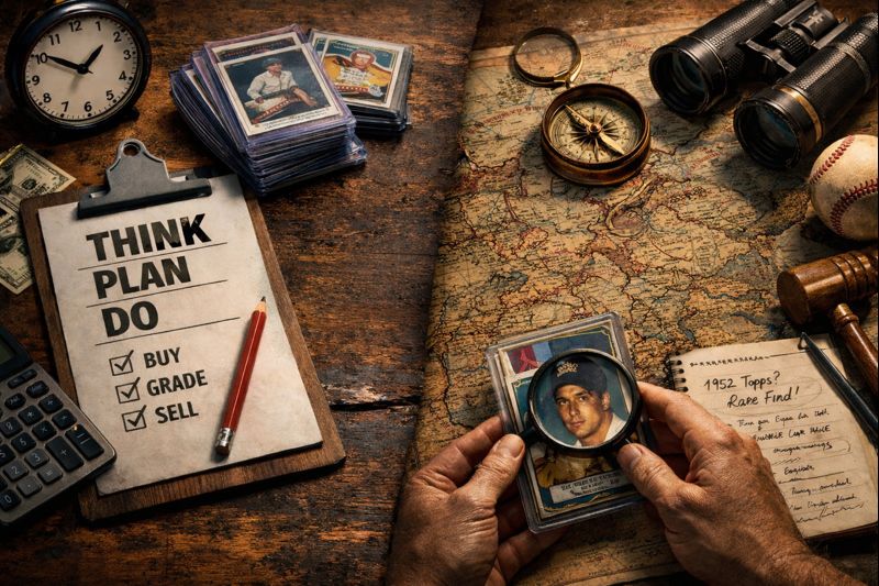 A baseball card collector reviewing a vintage card at a desk with tools used for evaluation and research.