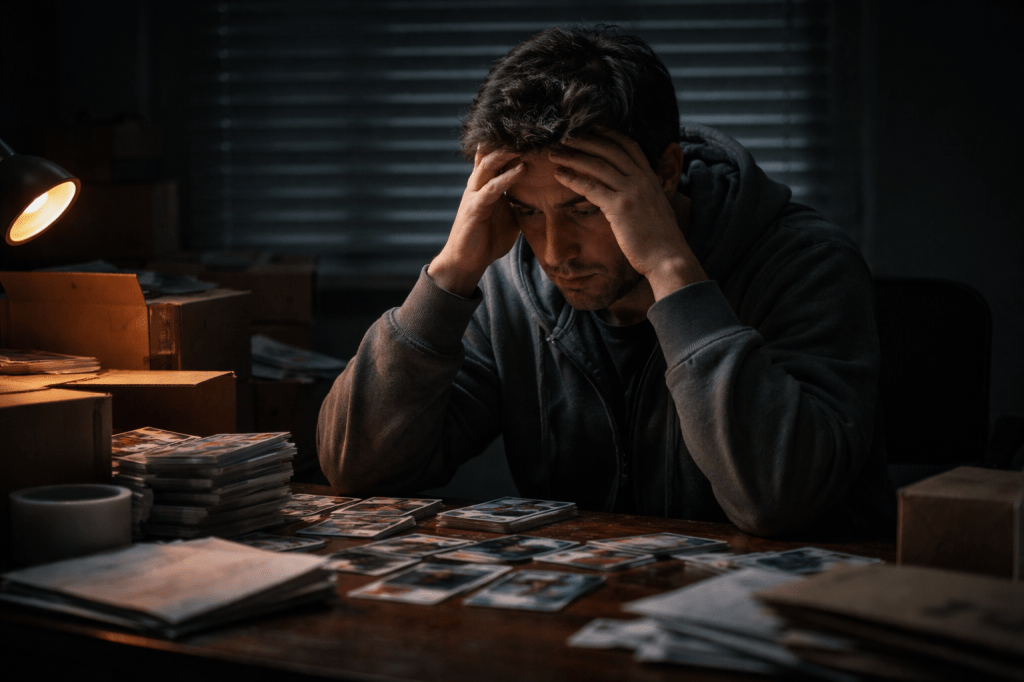 A stressed trading card seller sits at a cluttered desk covered with stacks of cards, shipping materials, and boxes, holding his head in his hands under a dim desk lamp while closed blinds cast dark shadows across the room.