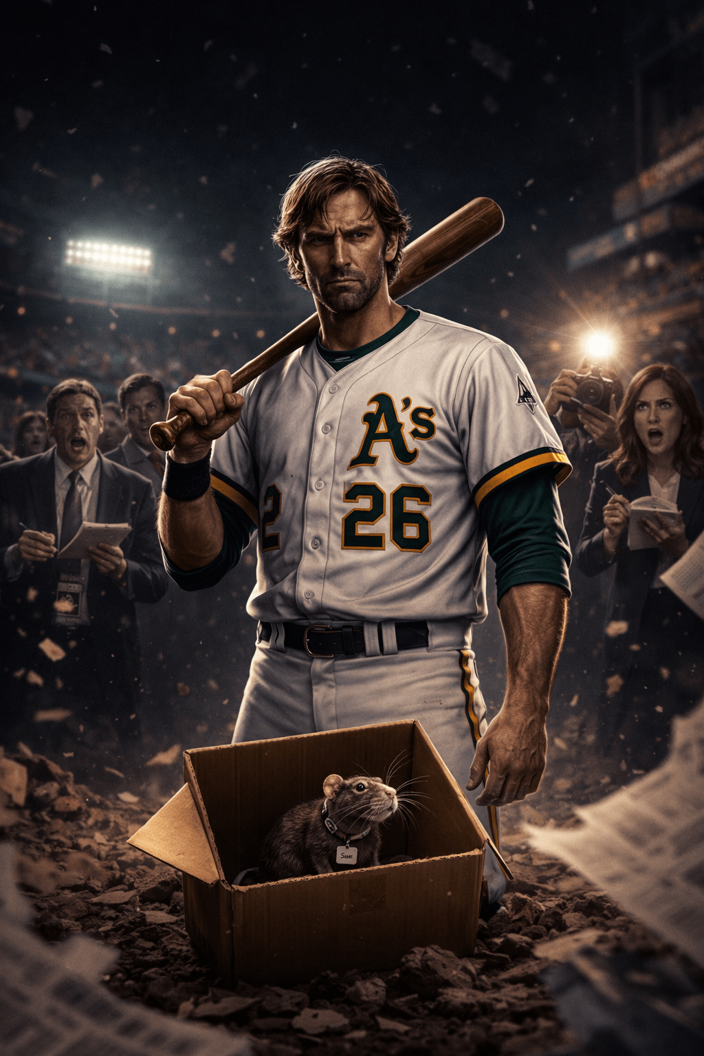 A baseball player in an Oakland Athletics uniform stands with a bat over his shoulder beside an open cardboard box containing a rat, while a shocked press group — including a female reporter — reacts in a dimly lit stadium setting.