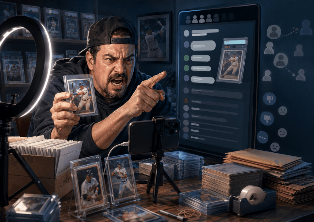 A frustrated baseball card livestream seller points angrily toward a screen while holding up a card, surrounded by top loaders, card stands, mailers, and shipping supplies as viewer icons appear to fade away.