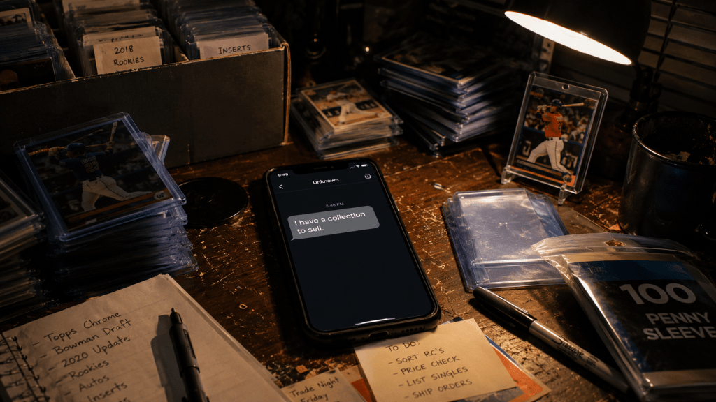A moody baseball card collector’s desk at night with stacks of cards, penny sleeves, notes, and a phone displaying an unsolicited message: “I have a collection to sell.”