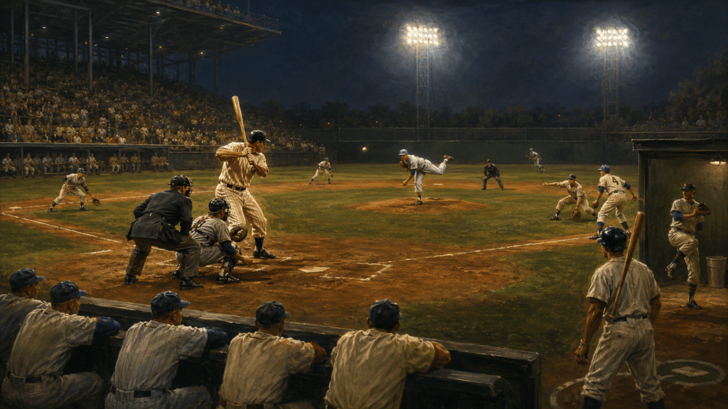 A painterly nighttime baseball scene showing a legendary batter facing a pitcher under stadium lights, surrounded by catchers, fielders, bench players, and bullpen arms who represent the essential backbone of the game.